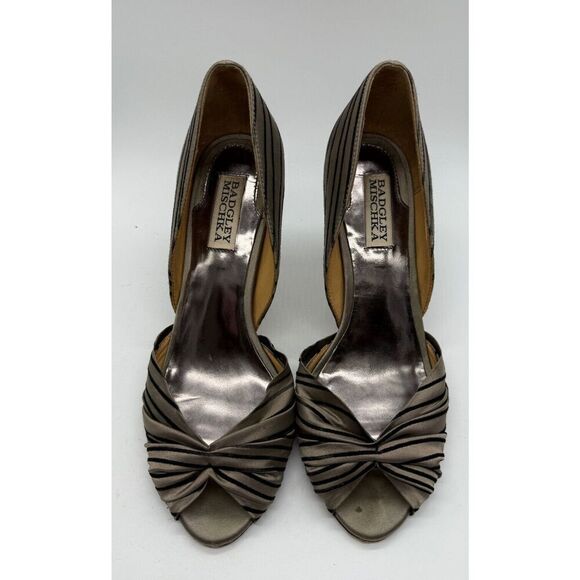 Badgley Mischka Taupe Black Stripe Peep Toe Heels Size 9 - Picture 6 of 10